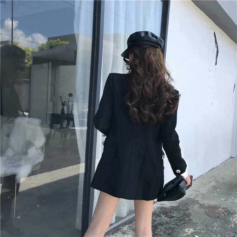 

Streetwear Suits Women Fashion Diamond Double Breasted Slim Black Suit Jacket Elegant Lapel Office Lady Medium Long Coat S-XL