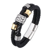 punk black double genuine leather braided bracelets bangles for men stainless steel vintage male wrist band hand jewelry pd0953