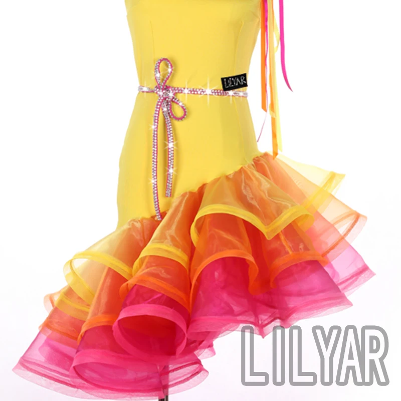 

Latin skirt Latin skirt competition skirt performance skirt glittering yellow diamond custom children's dance skirt