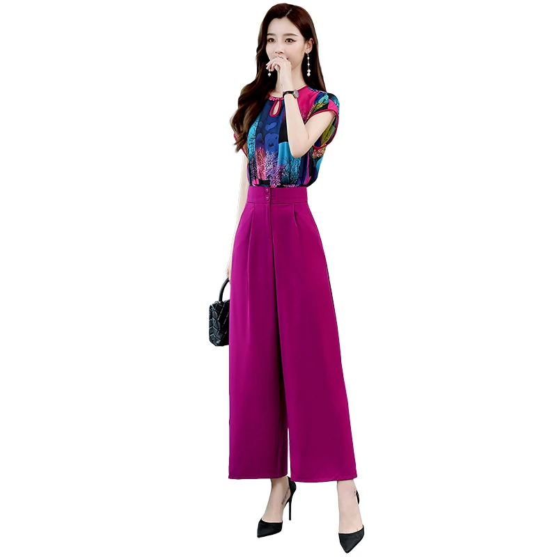 

High Waisted Wide Leg Pants Suit Fashion Printed Shirt Two Piece Set Women Buttons Purple Yellow Clothes 2021 Summer New Style