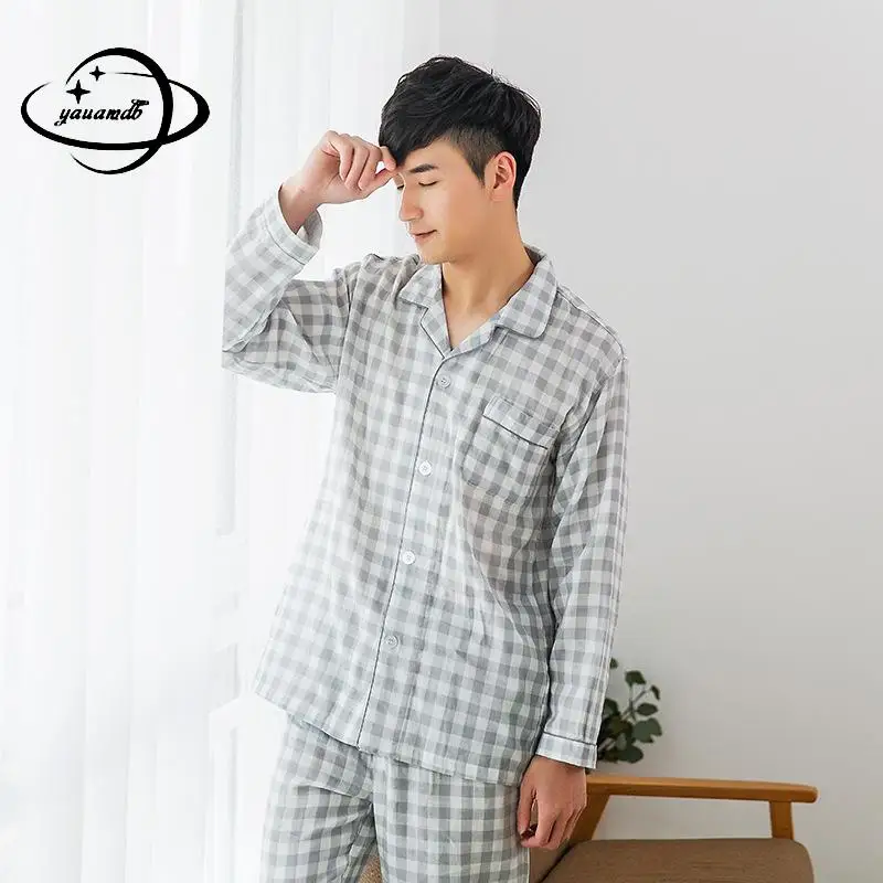 100% Cotton Mens Pajama Sets Autumn Spring Male Sleepwear Suits Clothing Shirt + Pants 2pcs Long Sleeve Plaid Man Clothes Y63