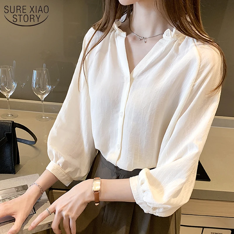 

Размера плюс 4XL женские блузки из хлопка с длинным рукавом женская рубашка 2021 сезон: весна-лето белый V образным вырезом офис Леди Топ женский новая одежда 10481