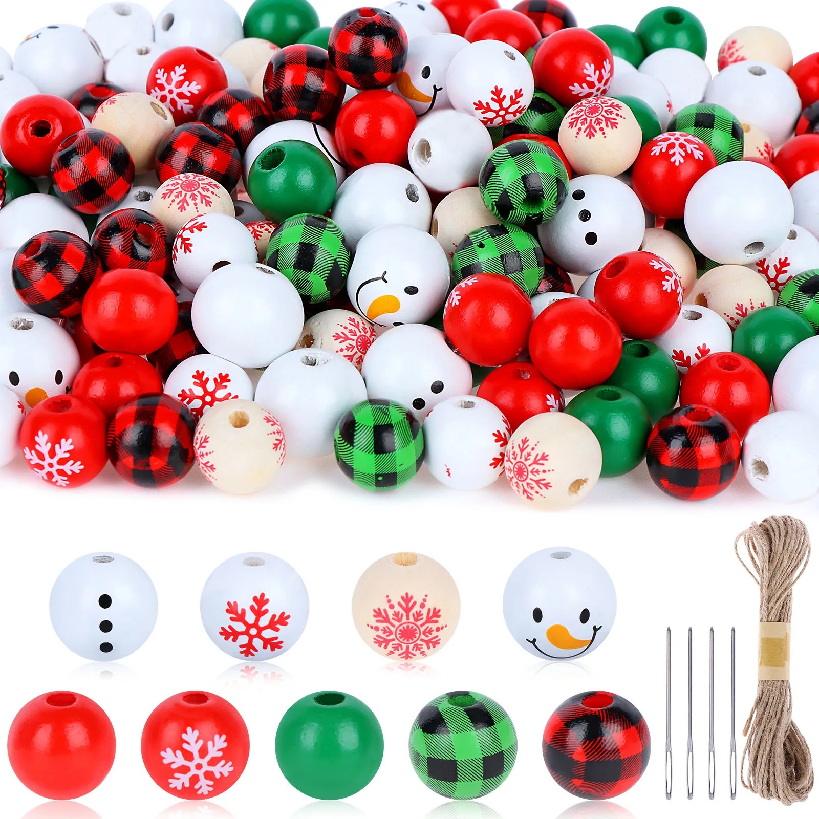 

200pcs/lot 16MM Christmas Natural Wooden Bead Snowflake Snowman Pattern Spacer Loose Bead For Jewelry Make DIY Handmade Accessor