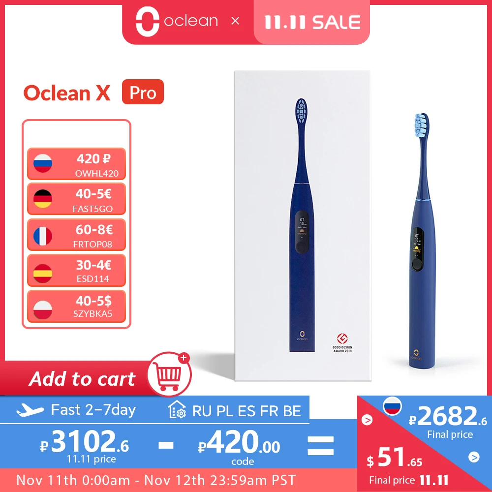 

Зубная щетка Oclean X Pro звуковая электрическая для взрослых, водонепроницаемая ультразвуковая Автоматическая быстро заряжаемая, с сенсорным ...