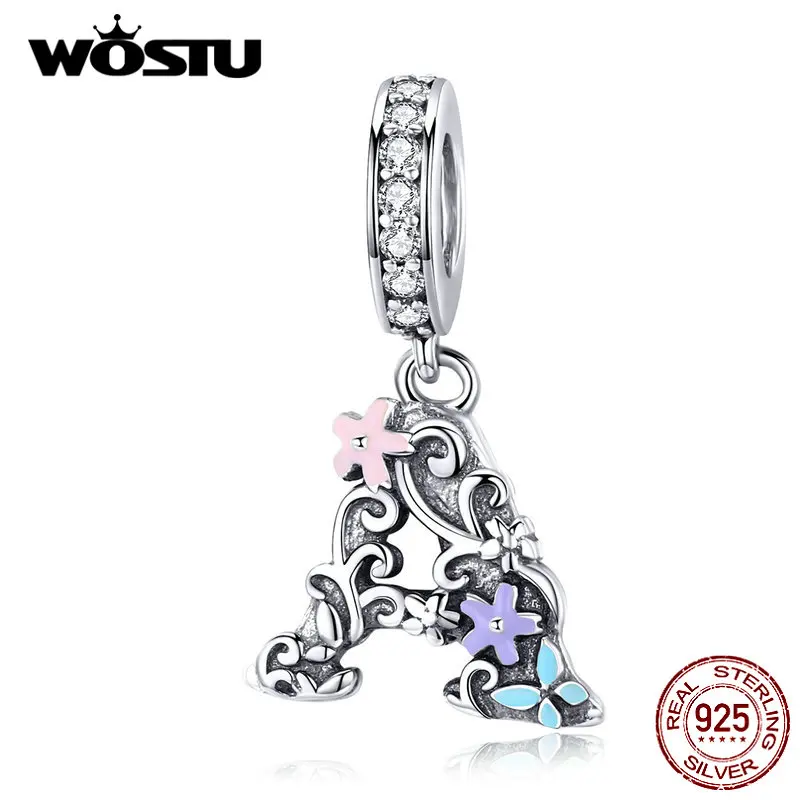 WOSTU Стерлинговое Серебро 925 пробы алфавит болтается шарм цветок буква а м бусины