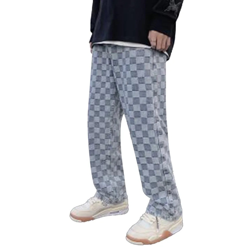 

Cofekate мужские джинсы в клетку 2021 Модные мужские джинсовые брюки повседневные свободные прямые длинные брюки мужские джинсы