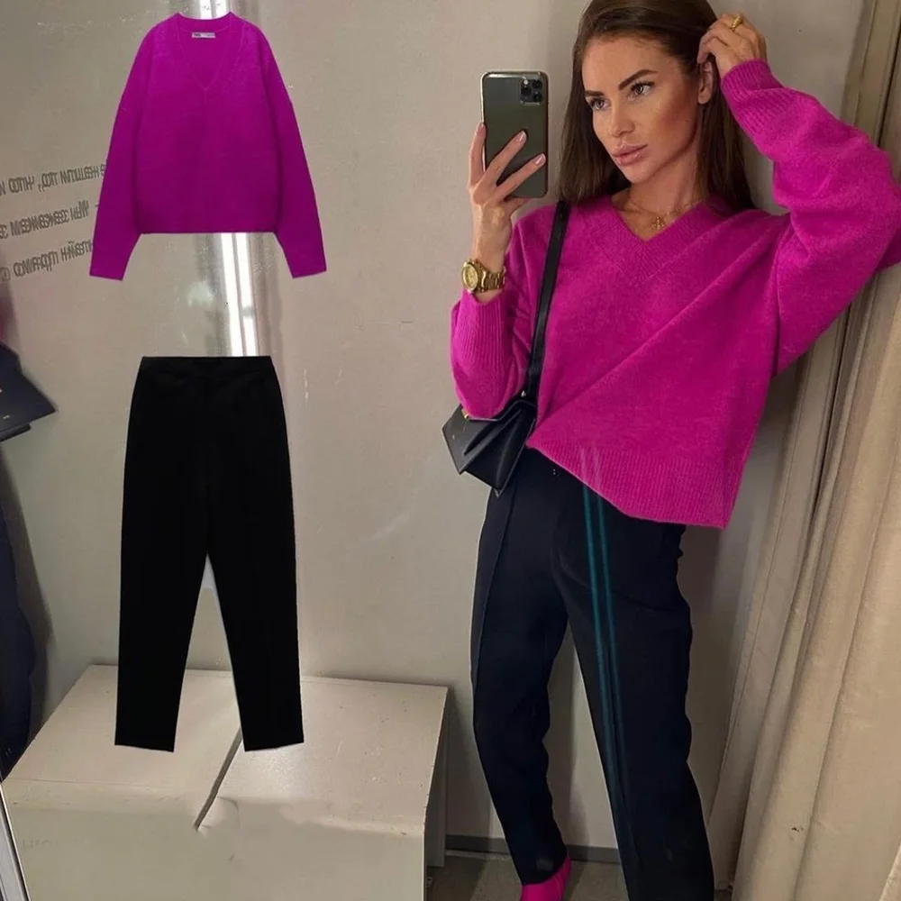 

Женский вязаный свитер в стиле ретро, однотонный свободный мягкий пуловер с V-образным вырезом, сохраняющий тепло, 2021