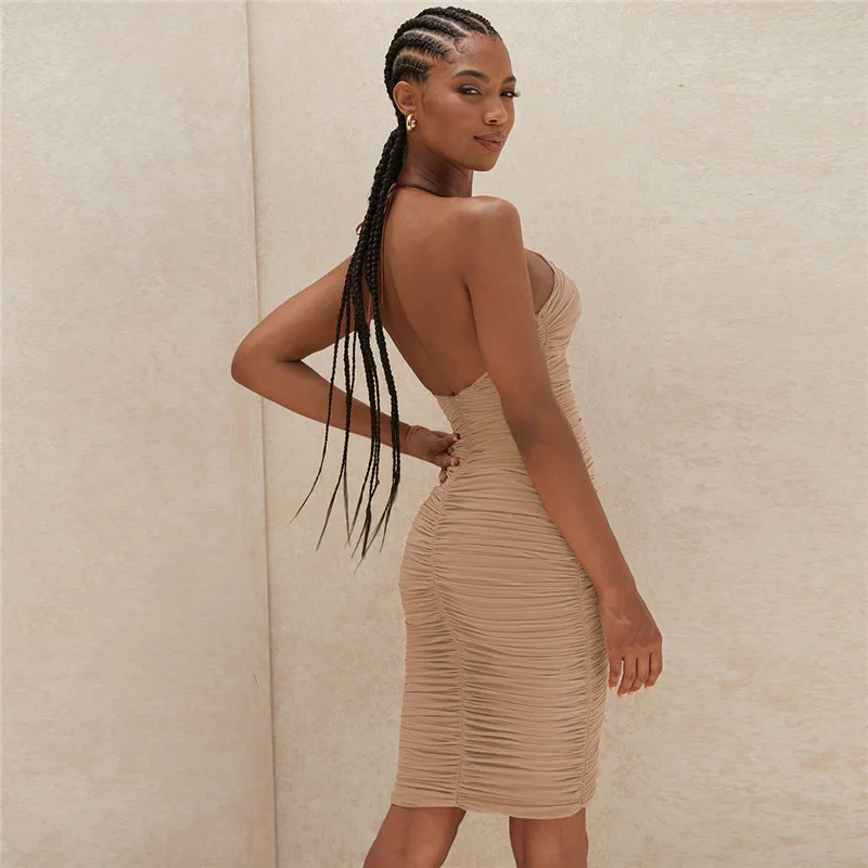 

Sexy Halter Women Dresses Summer Backless Pleated Dress Black Sling High Street Dress Female Party Club Mini Dress Vestidos