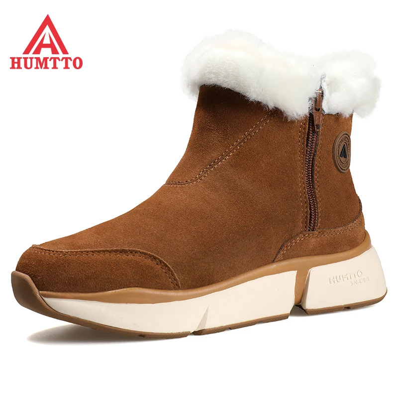 HUMTTO Genuine Leather Hiking Snow Boots for Women Winter Plus Velvet Outdoor Trekking Shoes Breathable Non-slip Climbing Shoes