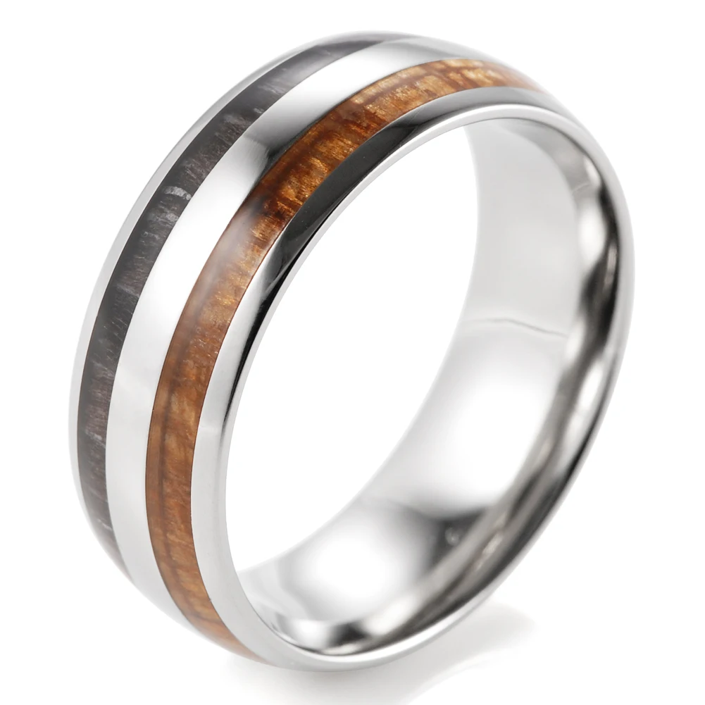 

8mm Men's Titanium Domed Wedding Bands With Koa & Ebony Wood Inlay Outdoor Anniversary Engagement Promise Ring For Men Women