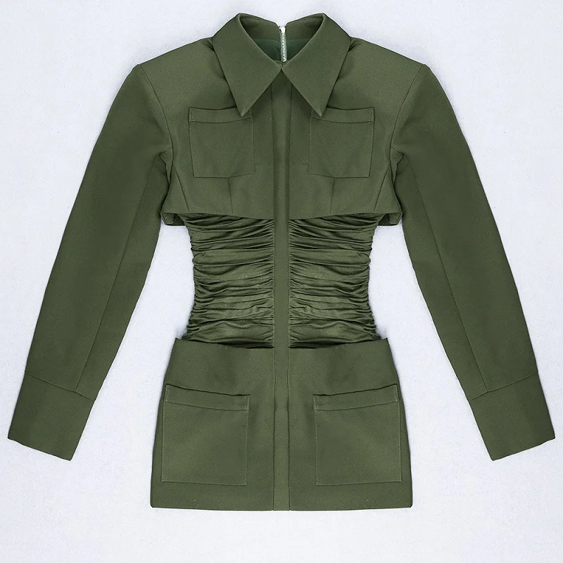 Женское платье с рюшами и длинным рукавом Новое поступление 2019 зеленое хлопковое