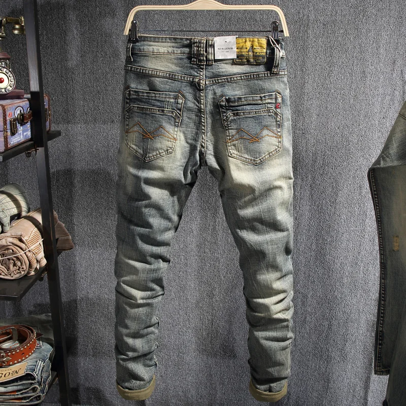 European Vintage Fashion Men Jeans Elastic Cotton Slim Fit Retro Ripped Jeans Men Distressed Designer Casual Denim Pencil Pants