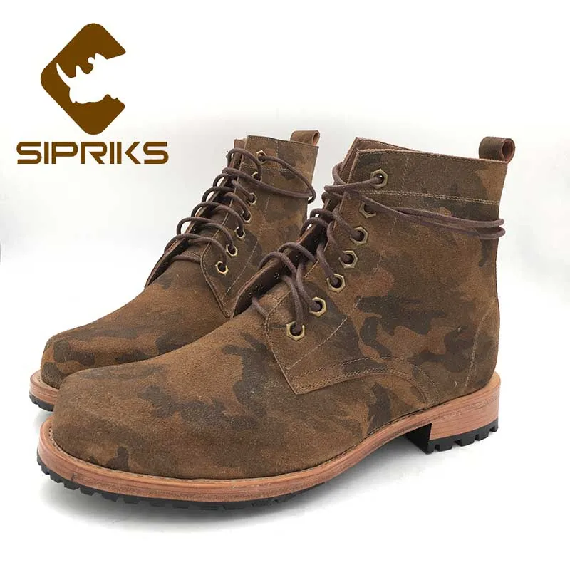 

Sipriks Mens Cow Suede Ankle Boots Imported Italian Handmade Goodyear Welted Shoes Camouflage Cowboy Boots Basic Combat Military