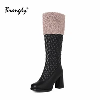 brangdy concise women knee high boots microfiber lambs mixed color wool women shoes round toe zipper women winter boots splicing
