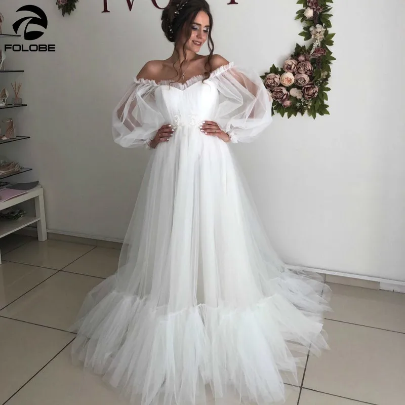 

Latest Deaign Wedding Dresses Sweetheart Off Shoulder Backless Appliques Lace Pleated Ruffles long Sleeve A-line Bridal Gowns
