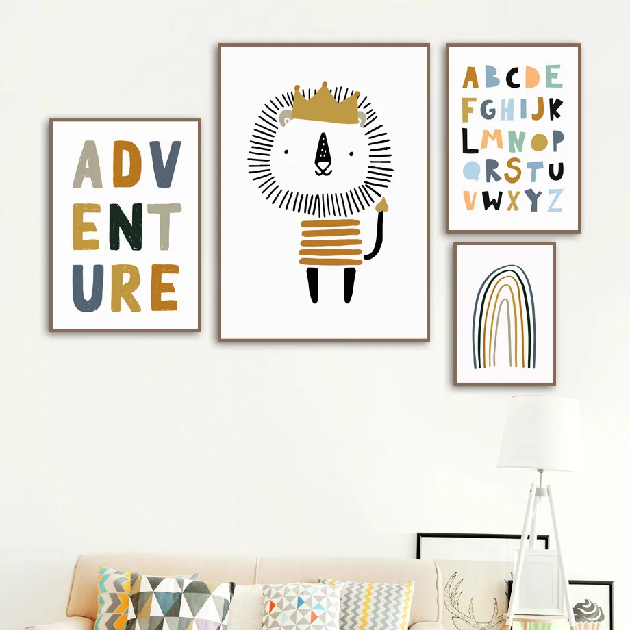 

Cartoon Wall Art Canvas Painting Nordic Posters And Prints The Alphabet Rainbow Gate Lion Bird Wall Pictures For Kids Room Decor