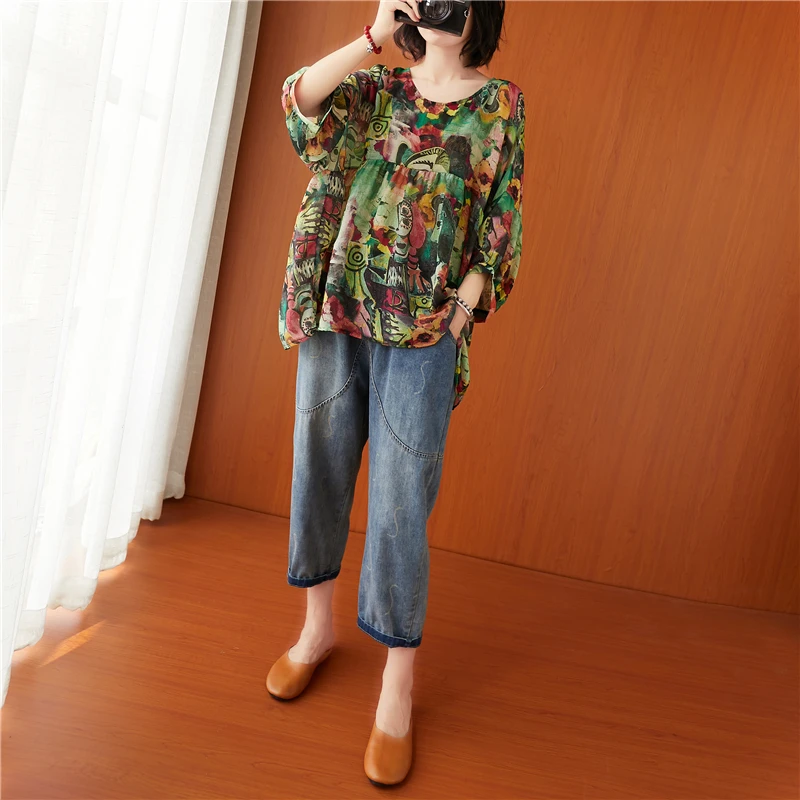 Oladivi de talla grande estampado de moda Blusa de gasa de mujer Primavera Verano 2021 nuevo 3/4 de manga suelta gran tamaño superior Tee grande túnicas