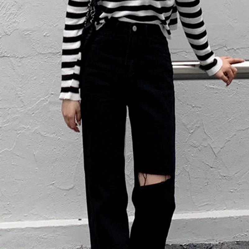 

Jeans Women High Waist Cool Street Retro Leisure Holes Pockets Fashionable Girls College Chic Solid Straight Korean Simple Long