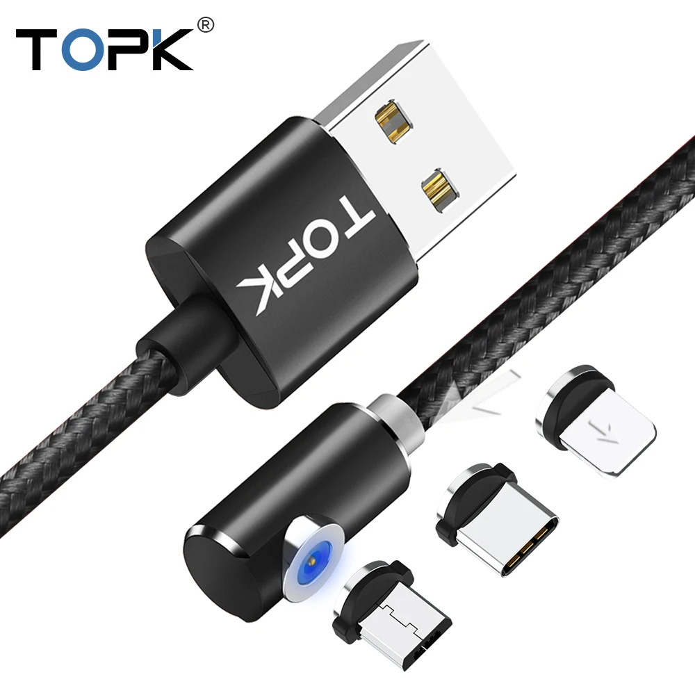 TOPK AM51 90 градусов Магнитный USB кабель для iPhone Xs Max 8 7 6 5 Магнит Micro usb type C samsung