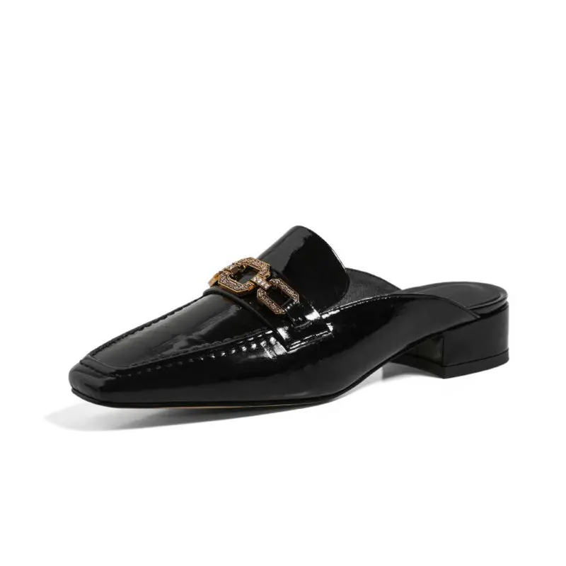

Sianie Tianie Genuine Patent Leather Point Toe Women Summer Slide Shoes Low Heels Luxury Brand Metal Chain Slippers Woman Mules
