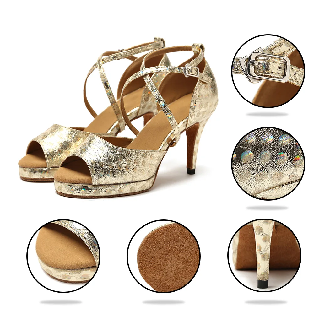 Women's Dance Shoes Latin Thick Sole Salsa Tango Ballroom Dancing Shoes Gold Silver Red Shiny Dance Sandals High Heels Girls