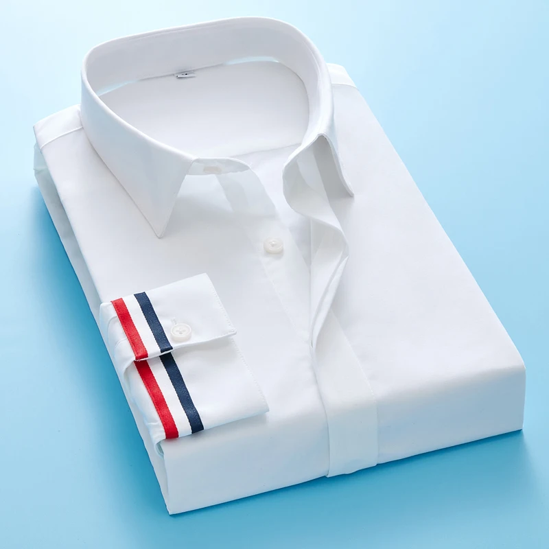 

Мужская классическая рубашка, белая и черная рубашка в Корейском стиле, деловая Классическая рубашка с закрытой планкой и длинными рукавам...