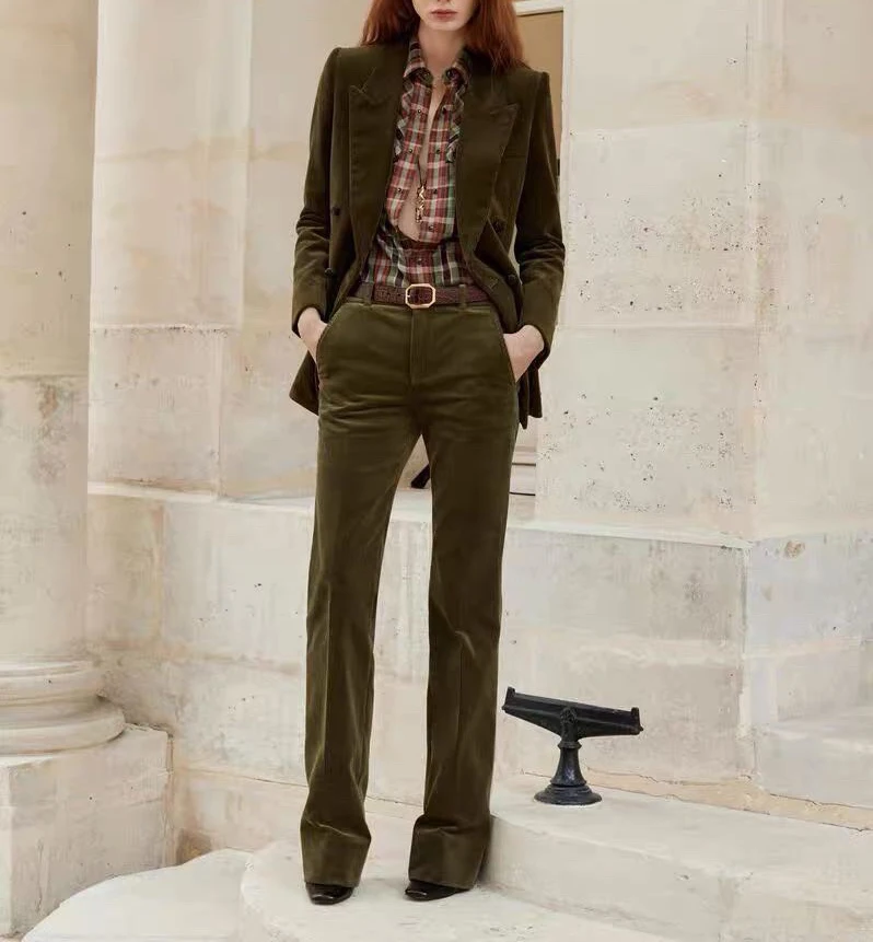 

Designer Clothes Double Breasted Shoulder Pad Corduroy Blazer or Straight Pants Casual Fashion Set Women
