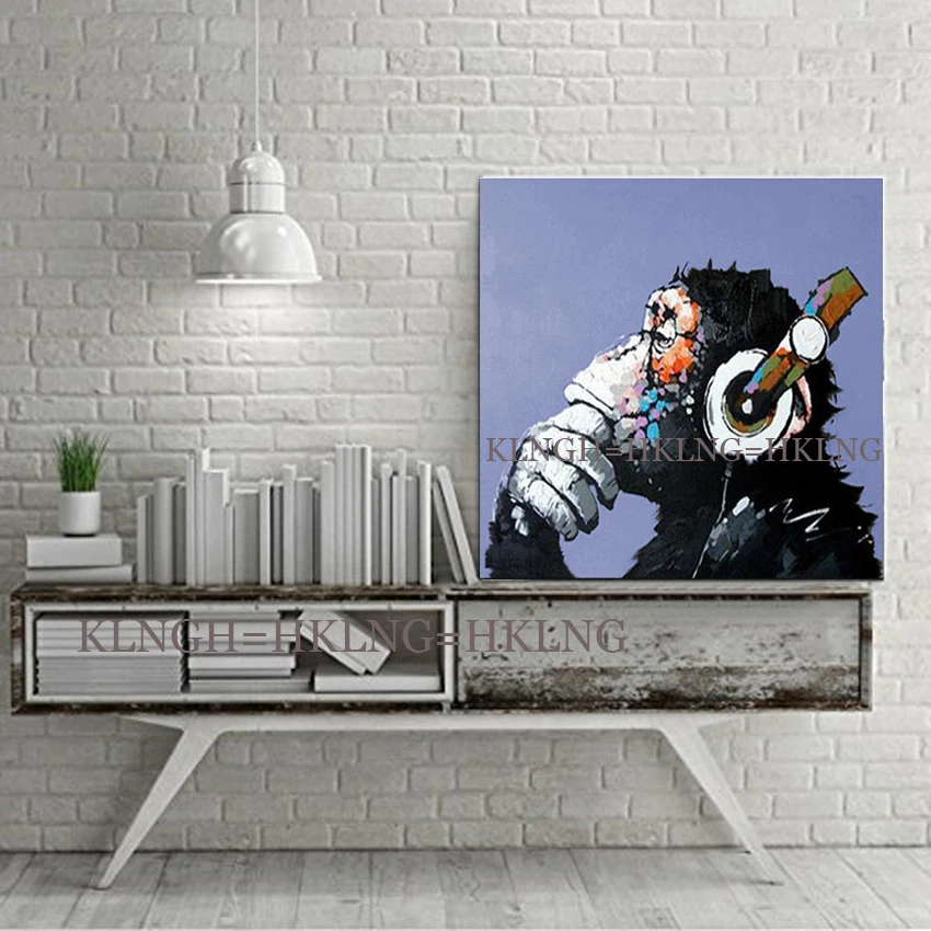 

Modern Fine Art Hand-painted Funny Animal Double Thinking Monkey Oil Painting on Canvas Funny Listening Music Monkey Painting