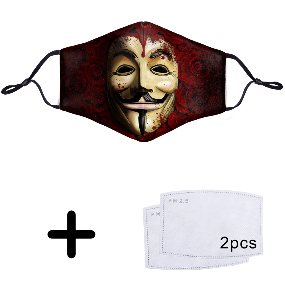 

V for Vendetta Face Mouth Mask Movie Moletom Anonymous Guys Belt Fawkes Anti-Dust PM2.5 Filter 2pcs Breathable Washable 3D Masks