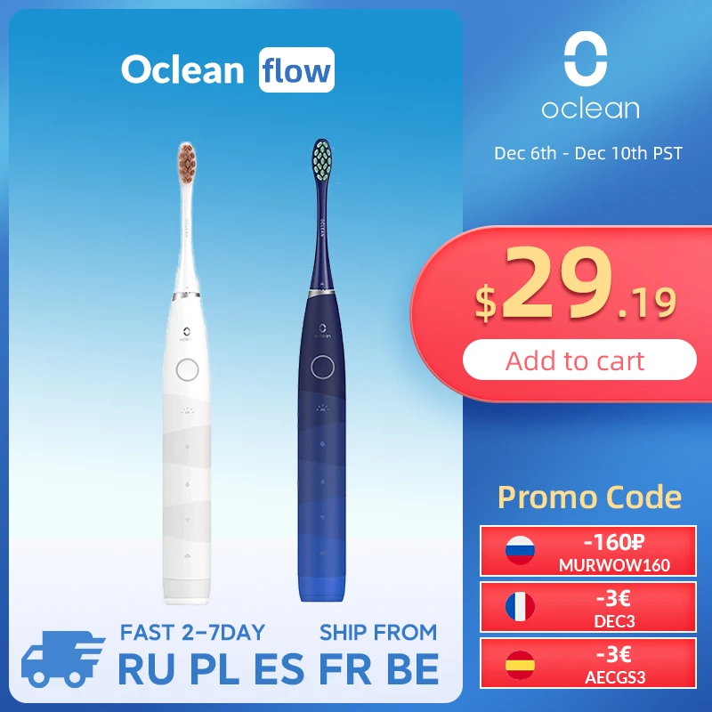  Электрическая зубная щетка Oclean Flow Sonic IPX7, 4 насадки 