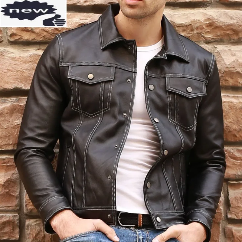 

Fashion Brand Mens Genuine Leather Jacket Single Breasted Slim Fit 100% Real Sheepskin Coat Retro Street Moto Biker Jackets Male
