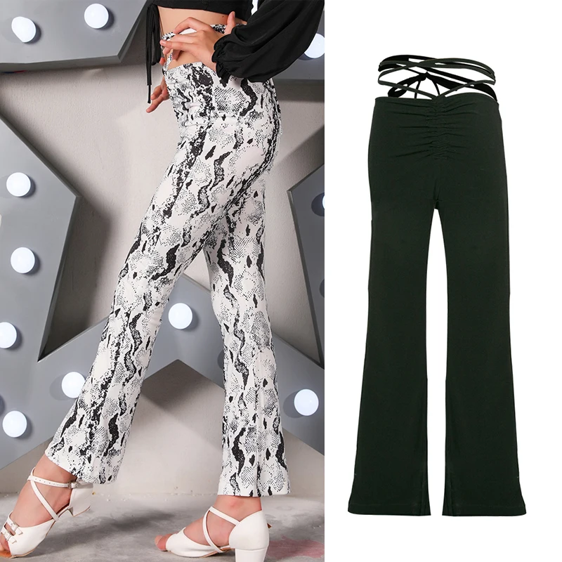 

Girls Latin Dance Clothes Ballroom Cha Cha Samba Practice Pants Children'S Black Snake Print Slim Flared Pants Trousers DWY4625