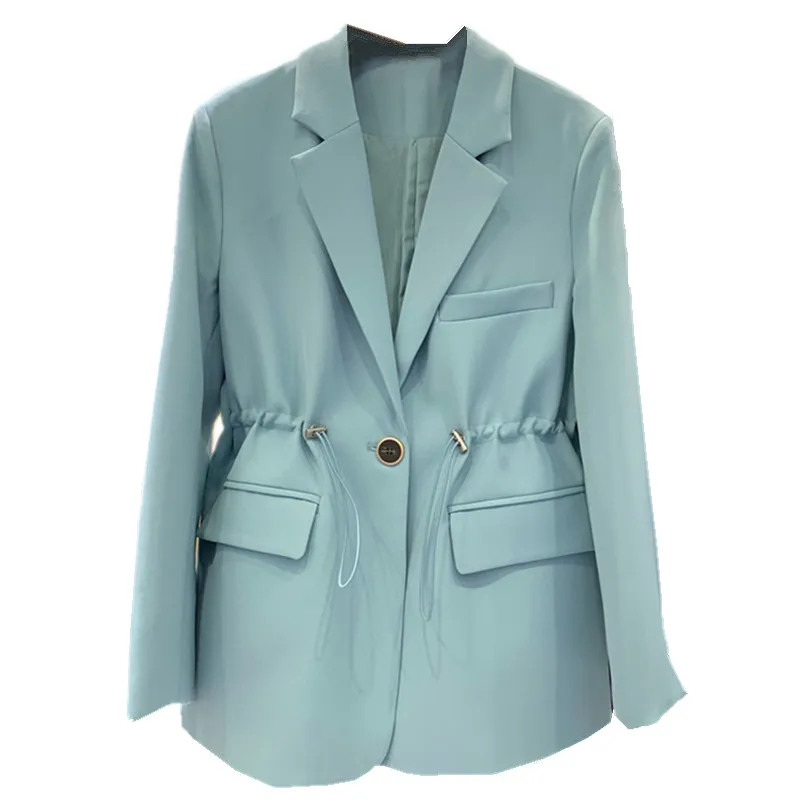 

Spring New Solid Blazer Women Single Button Lapel Fashion Drawstring Long Sleeve Mid-Length Slim Office Suit Jacket Ladies G1076