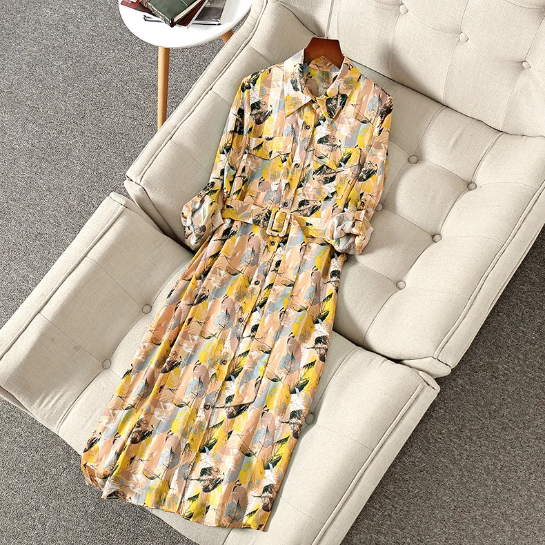 

High Quality Spring and Summer New Leaf Print Fashion Temperament Shirt Dress