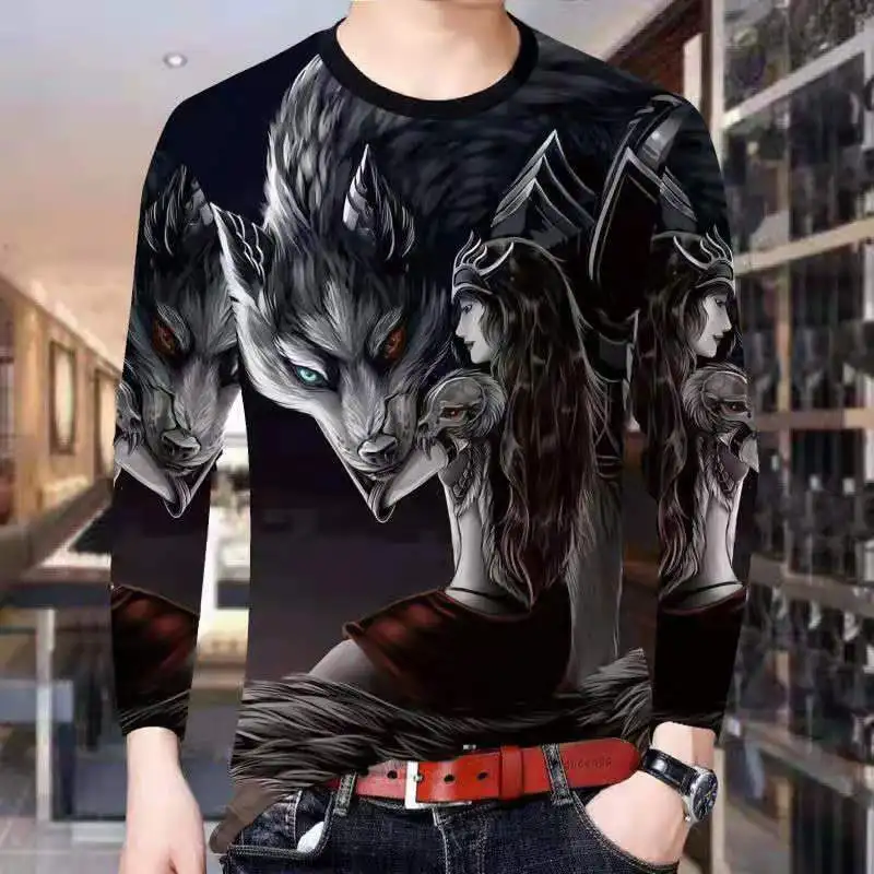 

Men's Casual Long-sleeved Round Neck 3D Fire Dragon Print T -shirt Young And Middle-aged New Autumn And Winter Fashion Trend Top