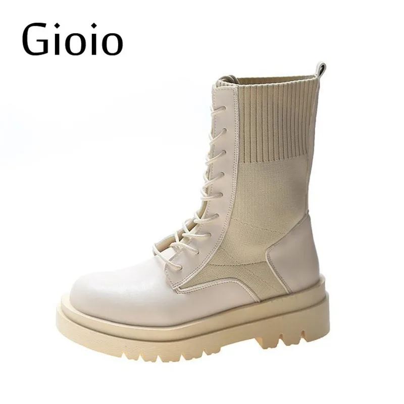 

Women Platform Sock Boots 2021 Autumn Winter New Ladies Breathable Short Boots Female Mid Heels Woman Comfort Shoes plus size