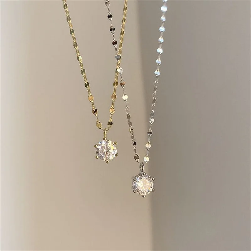 

New Luxury Single Zircon Women's Necklace Six Claw Zircon Ins Wind Sexy Clavicle Chain Wedding Party Jewelry Wholesale