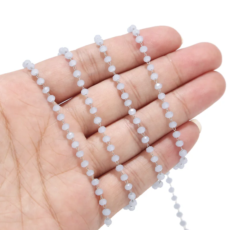 

1 Meter Stainless Steel Grey White Rosary Beaded Chain Round Glass Beads Chains for Jewelry Making Sold by Meter