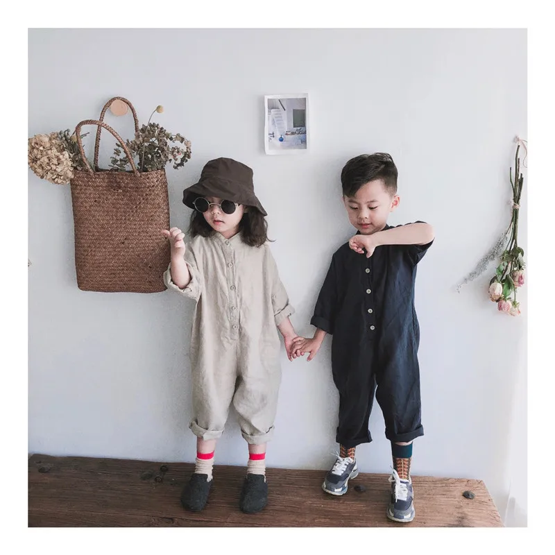 2022 Spring Autumn boys girls solid color linen long sleeve jumpsuits Korean style Toddler Kids soft loose bodysuits 1-7Y