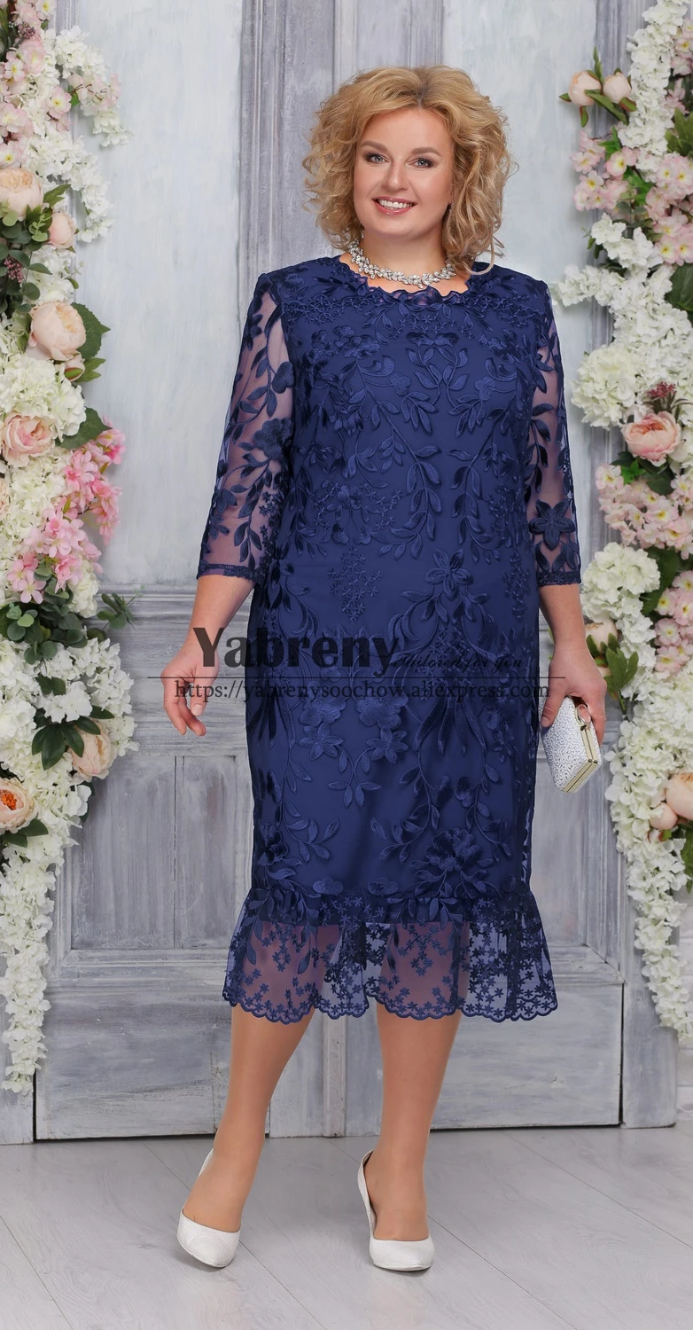 

Mermaid Tea-Length Mother of the Bride Lace Dress With Sleeves Plus size Dark Navy