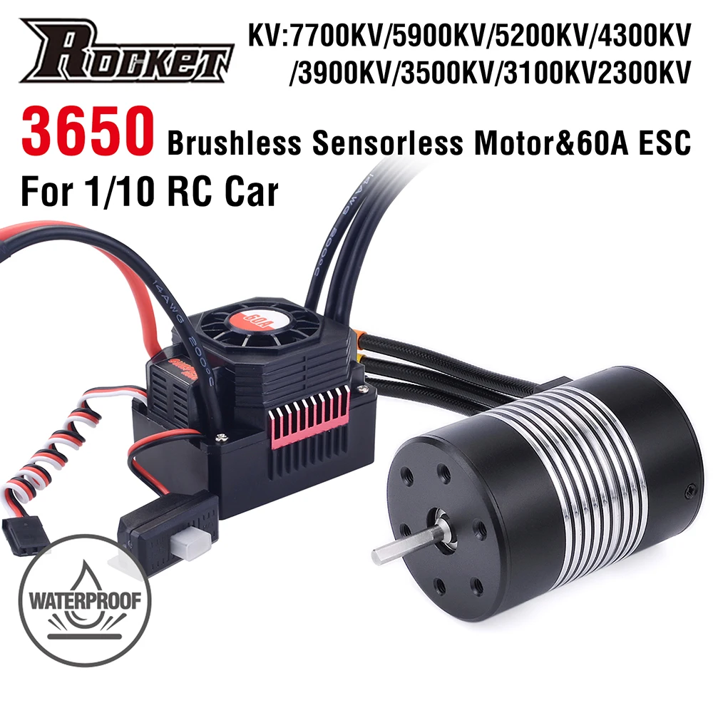 

Rocket 3650 Waterproof Brushless Sensorless Motor 2300KV 3100KV 3500KV 4300KV 5900KV 5200KV 7700KV w/60A ESC for 1/10 RC Car