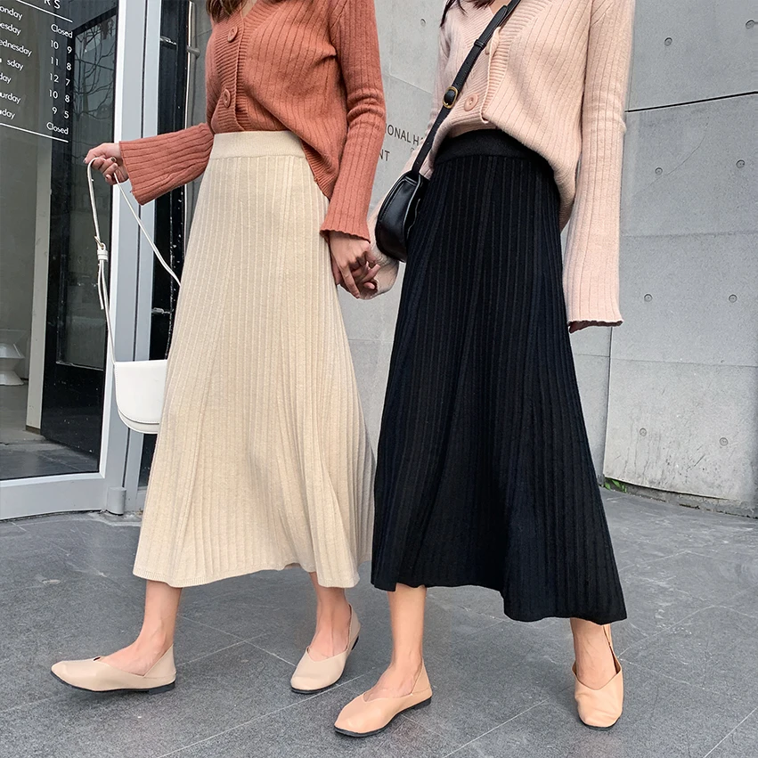 

Зимняя женская Плотная юбка-свитер с эластичной высокой талией, плиссированная миди-трапеция, Женская однотонная Элегантная трикотажная ю...