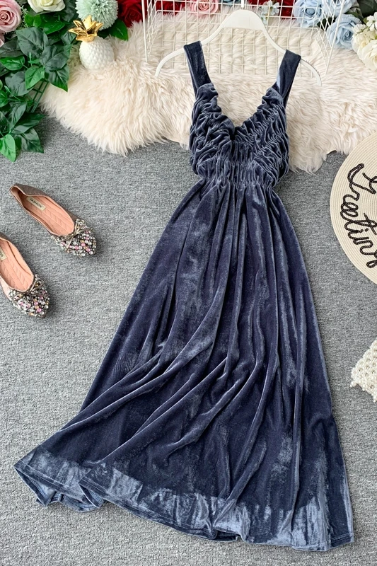Fashion Sexy Spaghetti Strap Dress 2019 New Autumn Winter Women Solid Slim A-line Party Velvet Robe Ladies Casual Elegant | Женская