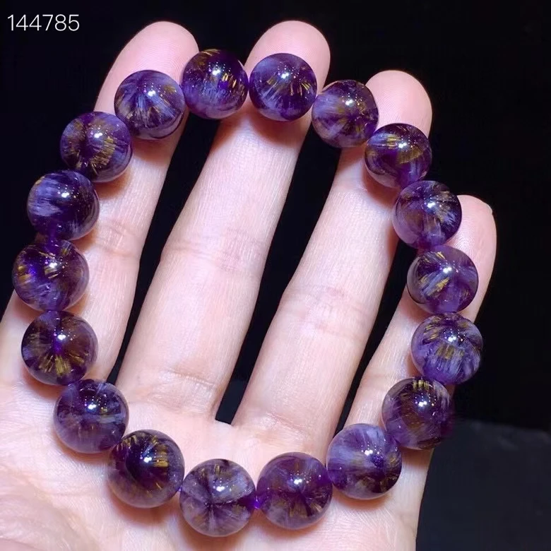 

Natural Cacoxenite Auralite 23 Purple Rutilated Quartz Bracelet 11.8mm Flower Clear Round Beads Bangle Women Men AAAAAA