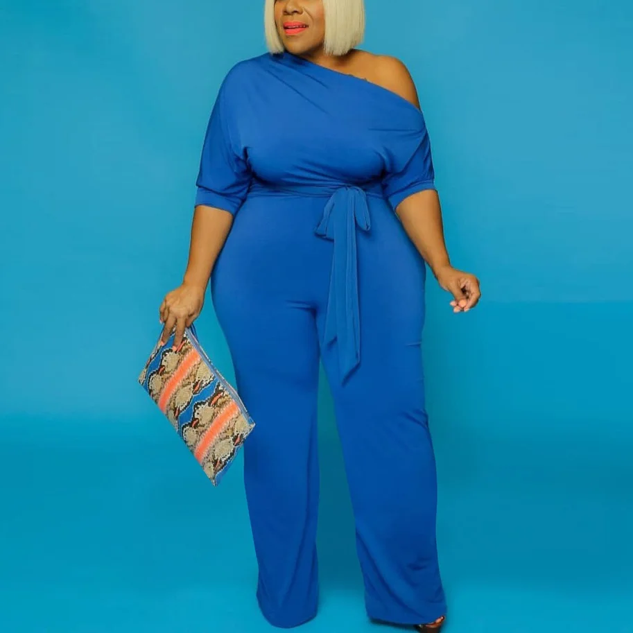 Plus Size Blue Jumpsuits and Rompers For Women 4xl 5xl High Waist Half Sleeve Skew Collar Solid Femme Jumpsuits Big Size 2020
