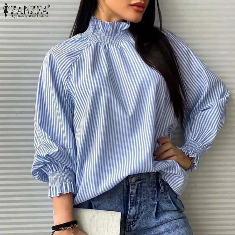 

ZANZEA Womens Elegant Blouse 2022 Fashion Striped Tunic Tops Casual Turtleneck Work Pullover Female Autumn Office Blusa Oversize