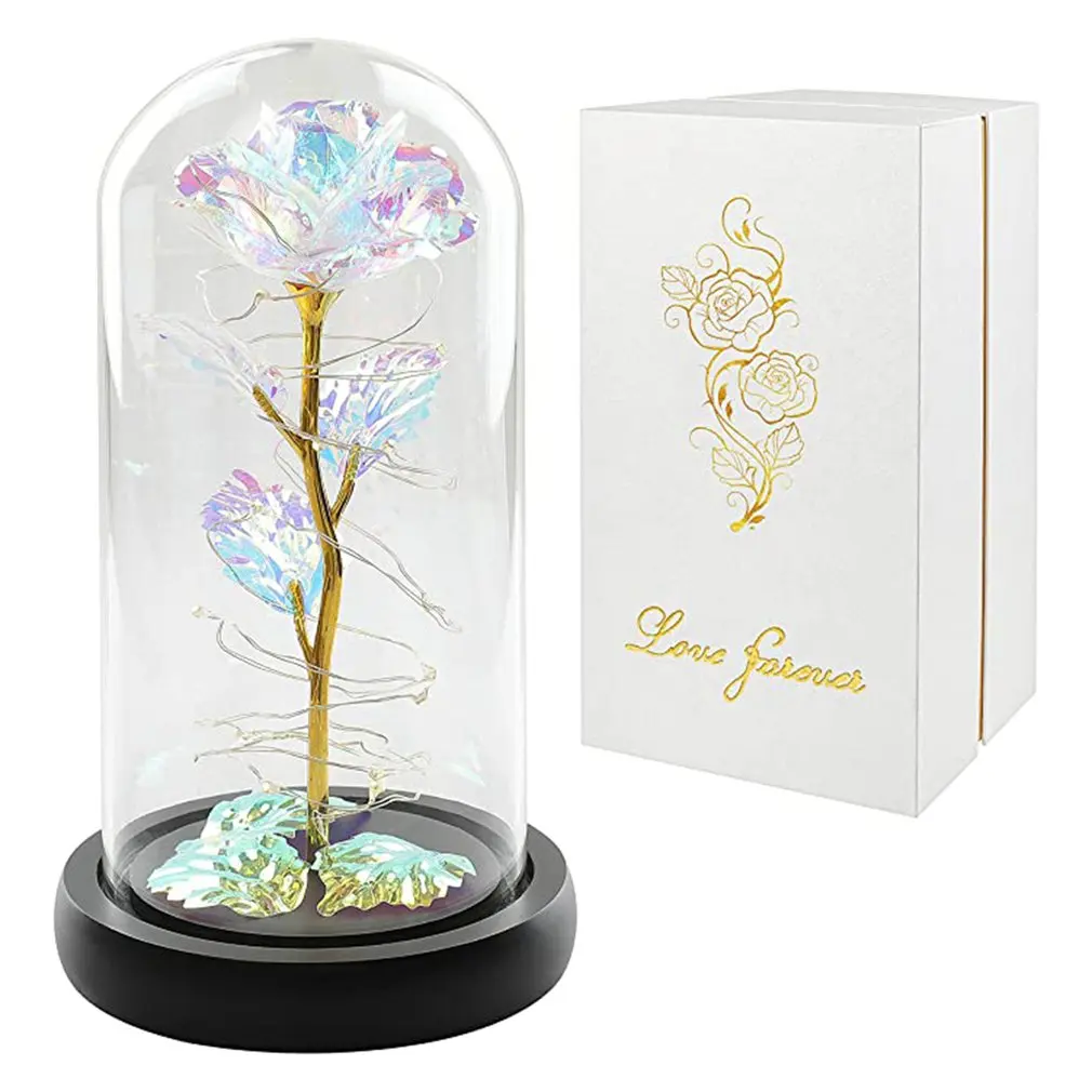 

Exquisite Colorful Artificial Flower Rose Led Light String Light With Glass Cover Artificial Preserved Flower Ornaments Gifts