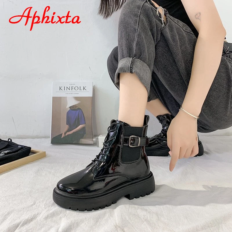

LazySea 2021 Patent Leather 4cm Square Heel Platform Women Boots Buckle Round Toe Waterproof Non-slip Elastic Band Short Boots