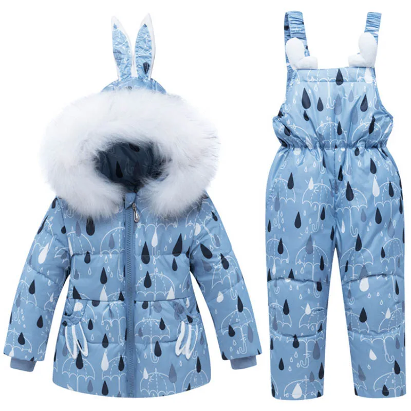 Light blue IYEAL/комплект из 2 предметов для маленьких девочек, утепленный зимний костюм с меховыми ушками и капюшоном Куртка-пуховик с теплым нагрудником зимние штаны, комплект одежды для От 1 до 4 лет - Цвет: Light blue