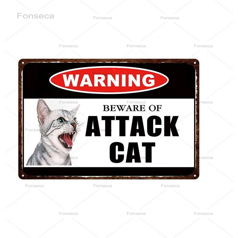 

Warning Pet Signs Metal Beware Of Attack Cat Tin Poster Vintage Animal Plate For Wall Art Retro Home Room Decoration 30X20CM